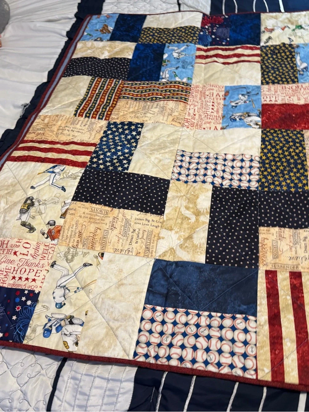 Patriotic Patchwork Quilt - Red, Blue & Cream Americana Bedding
